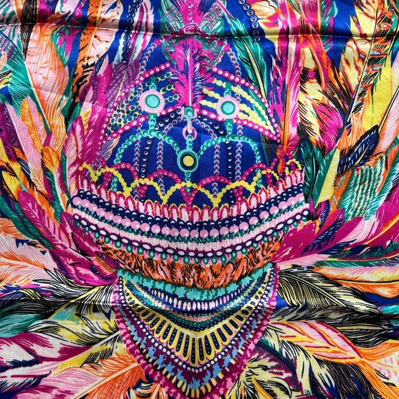 M.O.S.I. Scarf Bright Feathers Peacock Crown Pink Blue 34" Square Silky MOSI - Picture 3 of 5